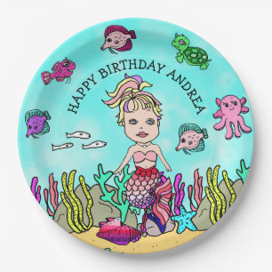 ペソナライズピンクパープルブロンドマーメイド誕生日 ペーパープレート