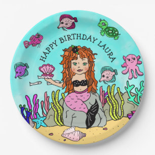 ペソニレかわいらしッドピンクとブラックマーメイド誕生日 ペーパープレート