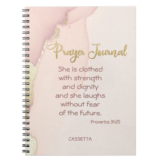 ペタルピンク金ゴールドマーブルアクセントパーソナライズされた祈りの言葉 ノートブック (正面)