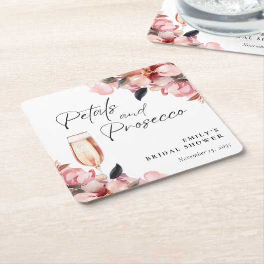 ペタル＆プロセッコ フローラル ブライダル シャワー スクエアペーパーコースター (アングル)