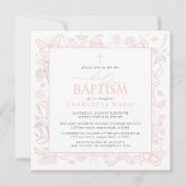 ペッシュピンクの花と蝶の聖なる洗礼の十字架 招待状 (正面)