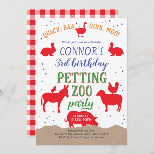 ペッティング動物園、ボーイ、バニヤードファーム動物誕生日 招待状 (正面/裏面)