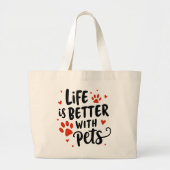 ペットとの生活が良い – かわいい赤いハートペット ラージトートバッグ (正面)