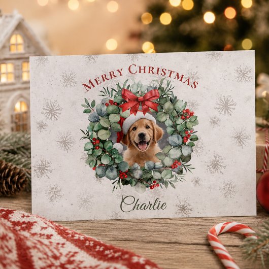 ペットとクリスマスのリースと名前入り ポストカード