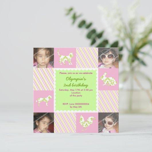 ペットとストライプ動物の誕生日の写真の招待 招待状 (スタンド正面)