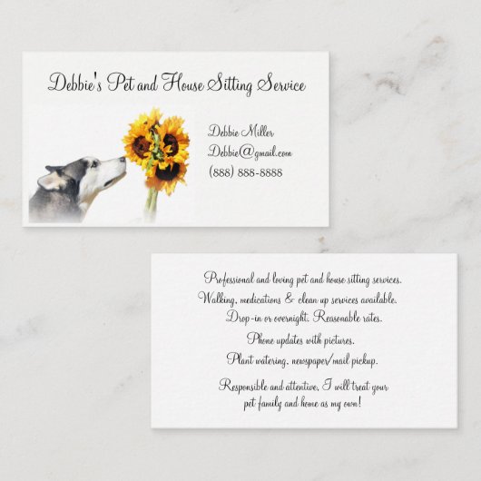 ペットとハウスに座ってハスキーとヒマワリ 名刺 (正面/裏面)