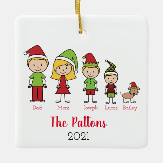 ペットとパーソナライズされたクリスマスホリデーズファミリー セラミックオーナメント (正面)