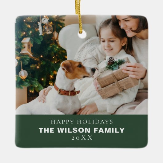 ペットとミニマルな家族の写真クリスマス セラミックオーナメント (正面)