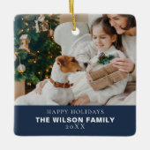 ペットとミニマルな家族の写真クリスマス セラミックオーナメント (正面)