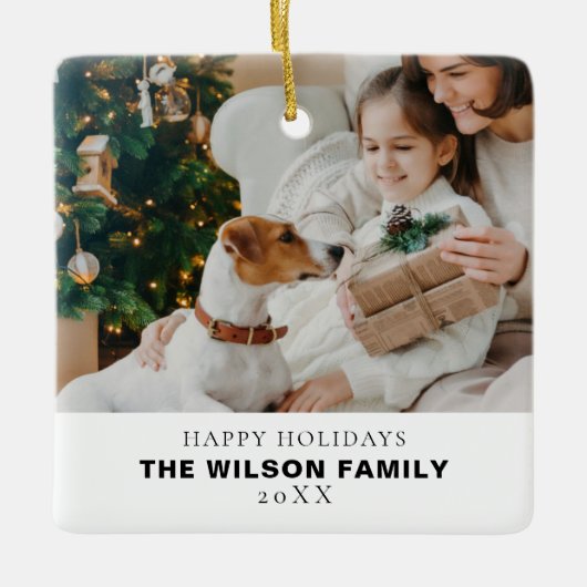 ペットとミニマルな家族の写真クリスマス セラミックオーナメント (正面)