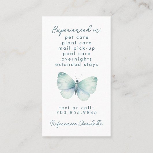 ペットと植物の家の座っている青い蝶 名刺 (裏面)