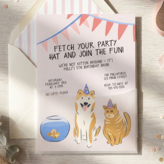 ペットと過ごすお誕生日パーティーの招待状 | お家の中で一緒に暮らすペット 招待状