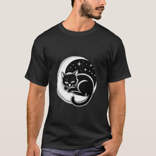 ペットのための三日月と星の上の眠り猫L Tシャツ (正面)