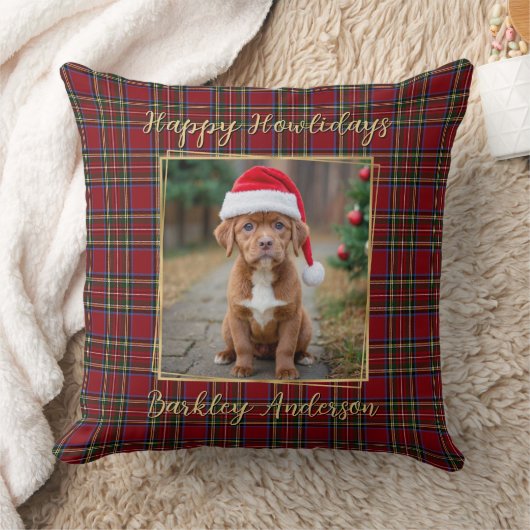 ペットのクリスマスのプレイドパーソナライズされた金ゴールド2犬写真 クッション (ブランケット)