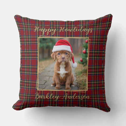 ペットのクリスマスのプレイドパーソナライズされた金ゴールド2犬写真 クッション (正面)
