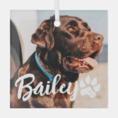 ペットのシンプルタイポグラフィモダン名と写真 ガラスオーナメント (正面)