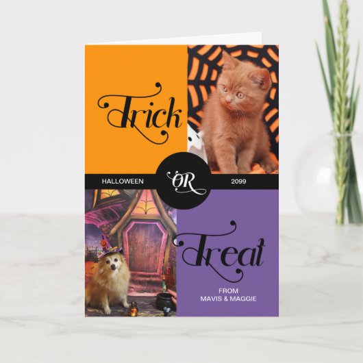ペットのトリックまたはハロウィーン2枚の写真を扱う カード (正面)