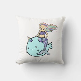 ペットのナルワルに乗るレインボーヘア付き人魚 クッション