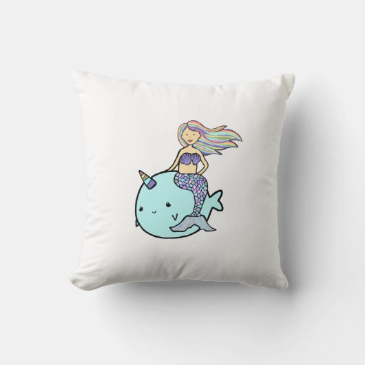 ペットのナルワルに乗るレインボーヘア付き人魚 クッション (正面)