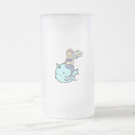 ペットのナルワルに乗るレインボーヘア付き人魚 フロストグラスビールジョッキ