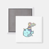 ペットのナルワルに乗るレインボーヘア付き人魚 マグネット (正面/裏面)