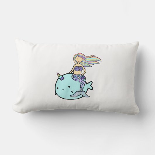 ペットのナルワルに乗るレインボーヘア付き人魚 ランバークッション (正面)