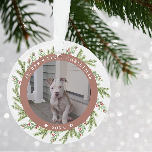 ペットのパピー 初のクリスマス 2枚の写真 緑の木飾り オーナメント