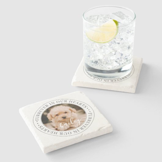 ペットのメモリアルの毛皮の私たちのハートシックな写真 ストーンコースター (横)