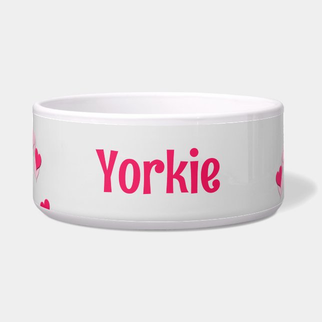 ペットのモダン散らばった書ピンクのハートのために ボウル (正面)