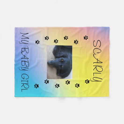 ペットの写真と名前が入った黄色とピンクのデザイン フリースブランケット (正面(横))