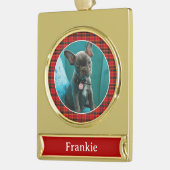 ペットの写真と名前（赤と緑の格子付き） ゴールドプレートバナーオーナメント (左)