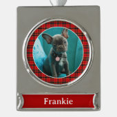 ペットの写真と名前（赤と緑の格子付き） シルバープレートバナーオーナメント (正面)