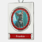 ペットの写真と名前（赤と緑の格子付き） シルバープレートバナーオーナメント (左)