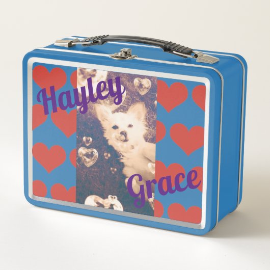ペットの写真と子供の名前を追加する メタルランチボックス (正面)