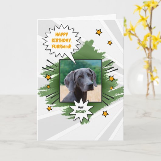 ペットの写真と犬漫画テーマ誕生日から カード (黄色い花)