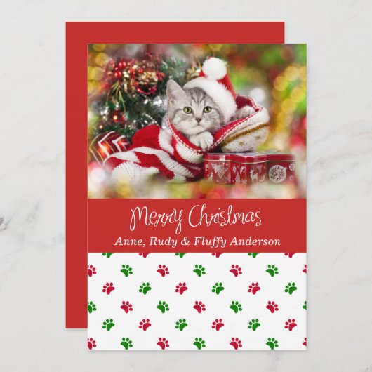 ペットの写真のクリスマスカードと足の跡 シーズンカード (正面/裏面)