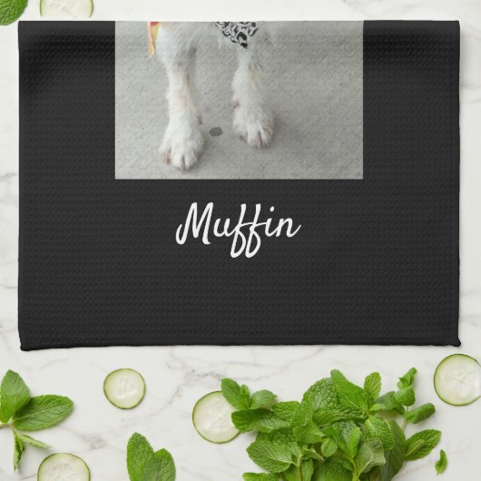 ペットの写真または子供の写真と名前、黒カスタマイズ キッチンタオル (折り畳み)