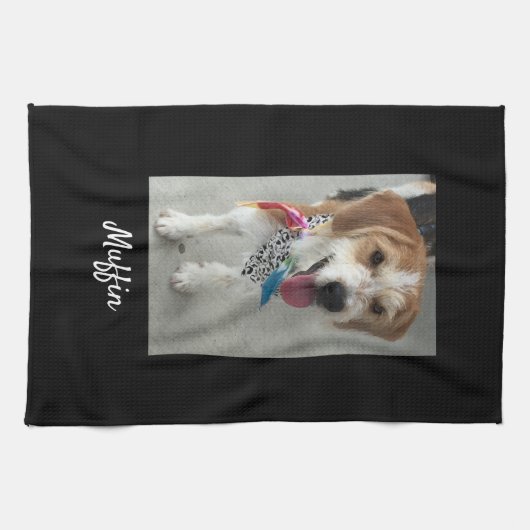 ペットの写真または子供の写真と名前、黒カスタマイズ キッチンタオル (横)
