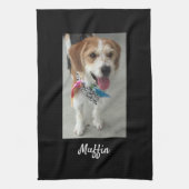 ペットの写真または子供の写真と名前、黒カスタマイズ キッチンタオル (縦)