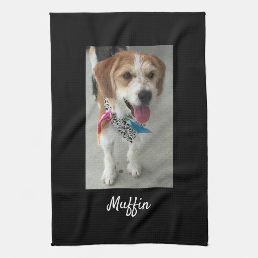 ペットの写真または子供の写真と名前、黒カスタマイズ キッチンタオル (縦)