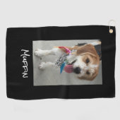 ペットの写真または子供の写真と名前、黒カスタマイズ ゴルフタオル (横)