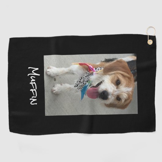 ペットの写真または子供の写真と名前、黒カスタマイズ ゴルフタオル (横)