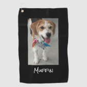 ペットの写真または子供の写真と名前、黒カスタマイズ ゴルフタオル (正面)