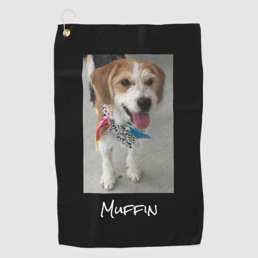 ペットの写真または子供の写真と名前、黒カスタマイズ ゴルフタオル (正面)