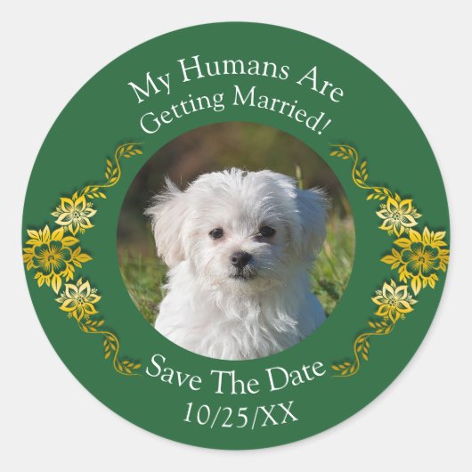 ペットの写真を投稿しよう！Save The Date エメラルドグリーンとゴールド ラウンドシール (正面)