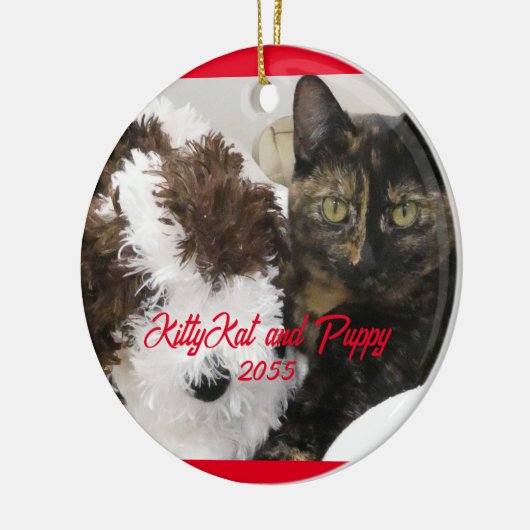 ペットの写真を撮った猫とおもちゃの犬 セラミックオーナメント (左)