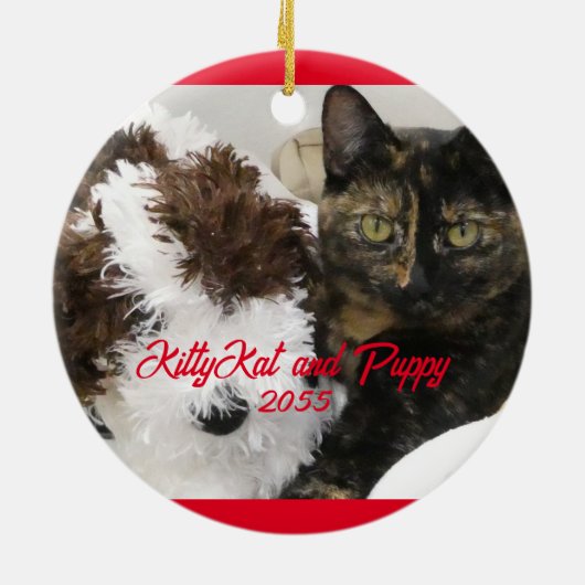 ペットの写真を撮った猫とおもちゃの犬 セラミックオーナメント (裏面)