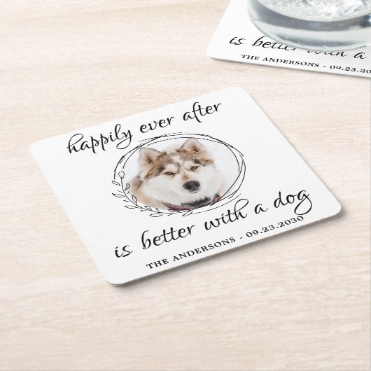 ペットの写真エレガント犬の後で幸せ結婚に スクエアペーパーコースター (アングル)