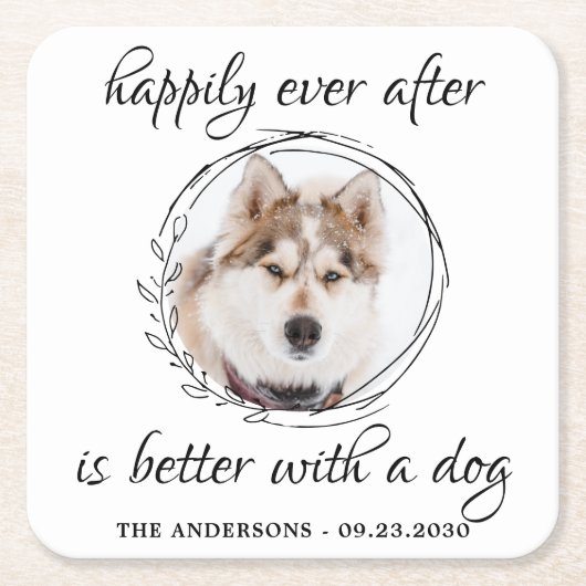 ペットの写真エレガント犬の後で幸せ結婚に スクエアペーパーコースター (正面)
