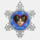 ペットの写真名pawprintsハート青 スノーフレークピューターオーナメント (正面)